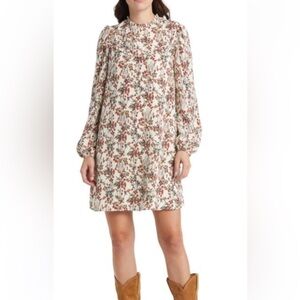 Dress Treasure & Bond Cream Floral Long Sleeve Dress with Red/Brown floral Print